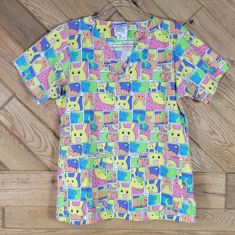 Landau Medical Nurse Scrub Top Size S Colorful Animal Print Made In USA